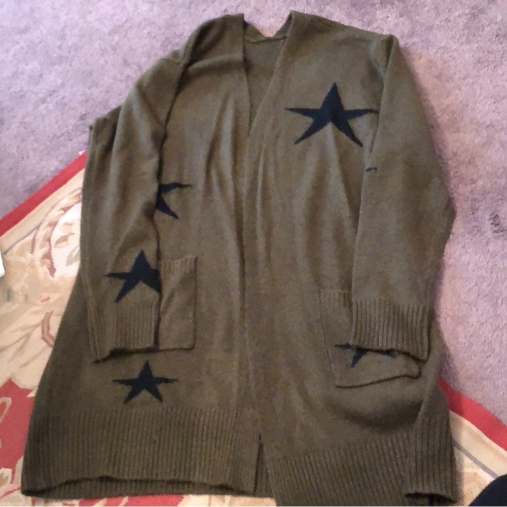 Nordstrom Olive Green Cardigan with Black Star Accents
